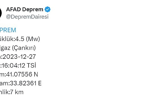 Çankırı'da 4,5 büyüklüğünde deprem