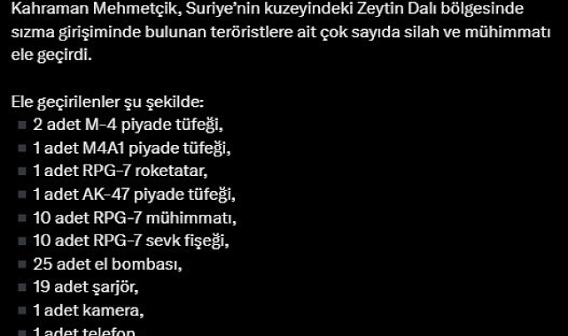 Zeytin Dalı bölgesinde çok sayıda silah ve mühimmat ele geçirildi