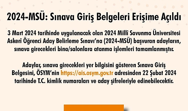 2024-MSÜ sınava giriş belgeleri erişime açıldı