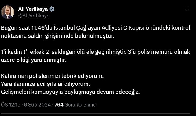 Bakan Yerlikaya, Çağlayan Adliyesine saldırıda bulunan 2 kişinin ölü ele geçirildiğini bildirdi