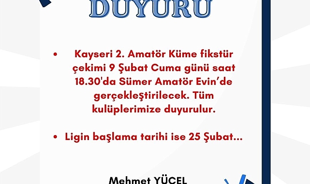 Kayseri'de 2. Küme fikstürü yarın çekilecek