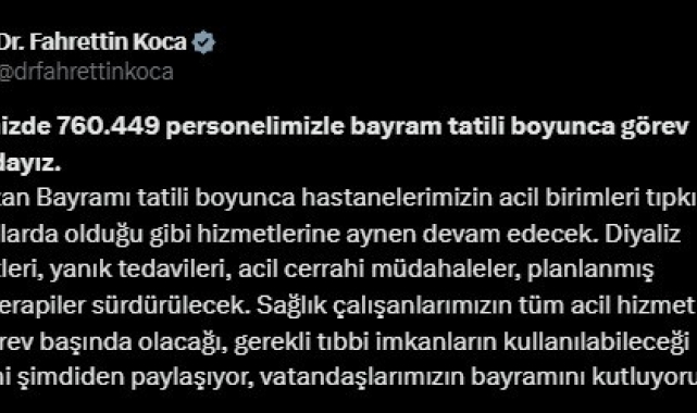 Bayram tatili boyunca 760 bin 449 sağlık personeli görev yapacak