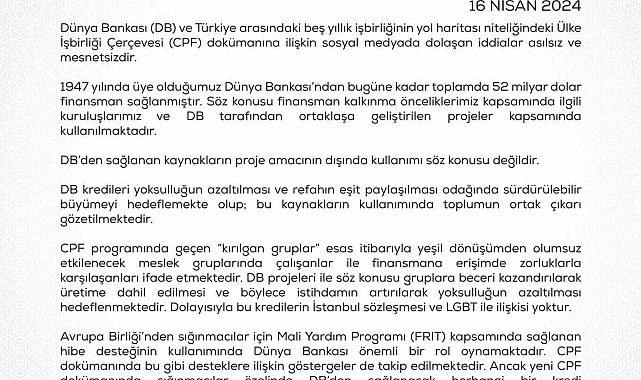 Hazine ve Maliye Bakanlığından Dünya Bankasından alınan kaynaklara ilişkin açıklama