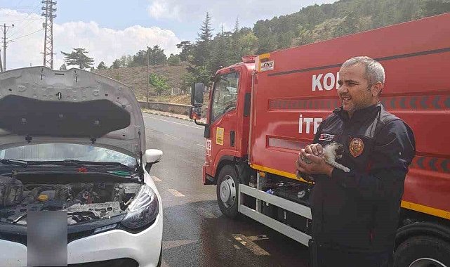 Konya'da otomobilin motoruna sıkışan kedi kurtarıldı