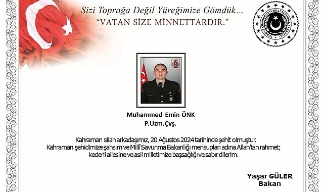 Pençe-Kilit Harekatı bölgesinde Piyade Uzman Çavuş Muhammed Emin Önk şehit oldu