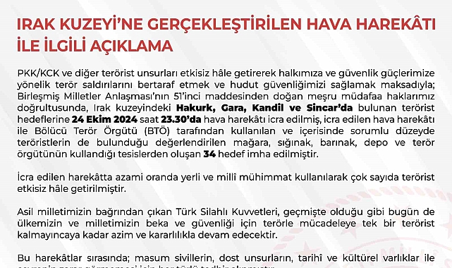 Irak'ın kuzeyine hava harekatı: 34 hedef imha edildi