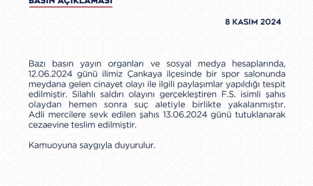 Ankara Emniyeti'nden spor salonunda meydana gelen cinayetle ilgili açıklama