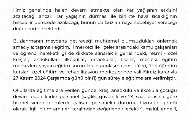 Kayseri'de kar nedeni ile eğitime 1 gün daha ara verildi