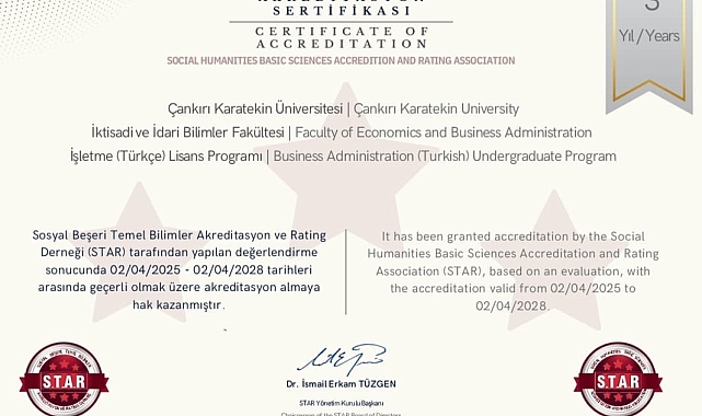 Çankırı Karatekin Üniversitesi'ndeki bir bölüme 3 yıllık akreditasyon belgesi