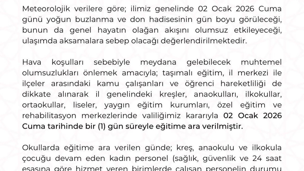 Kayseri’de okullar 1 gün tatil