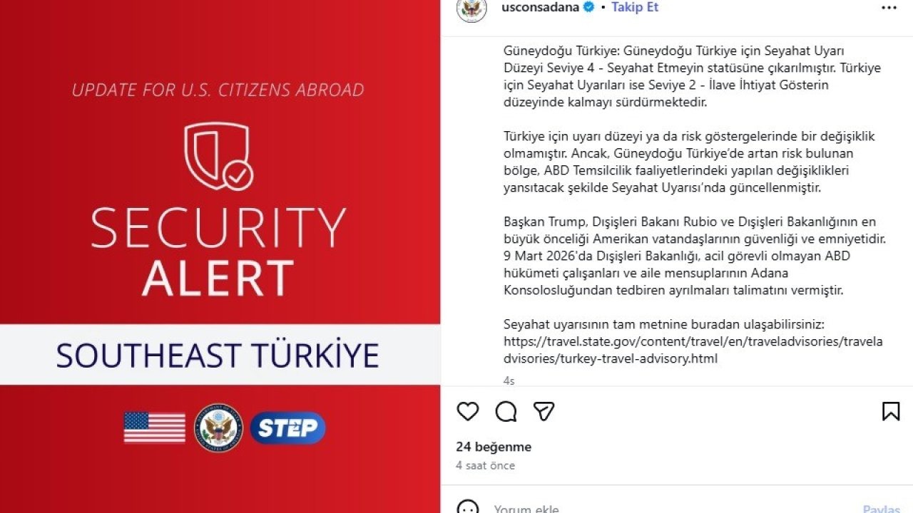 ABD, Adana Konsolosluğu’ndaki zorunlu olmayan personeli tahliye ediyor