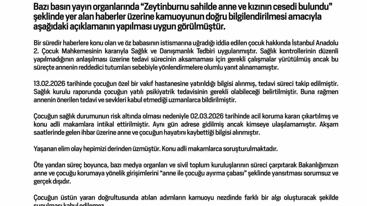 Bakanlıktan Zeytinburnu’ndaki anne ve çocuk ölümüyle ilgili açıklama